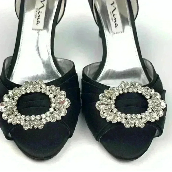 New Nina heels size 7 W 37 black satin gem peep toe formal mother of the bride - Picture 3 of 12